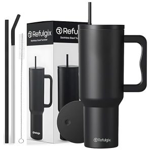 refulgix 1200ml stainless steel tumbler | double insulated with handle & 2 straws | leak proof hot & cold sipper for coffee, travel & home (midnight black)